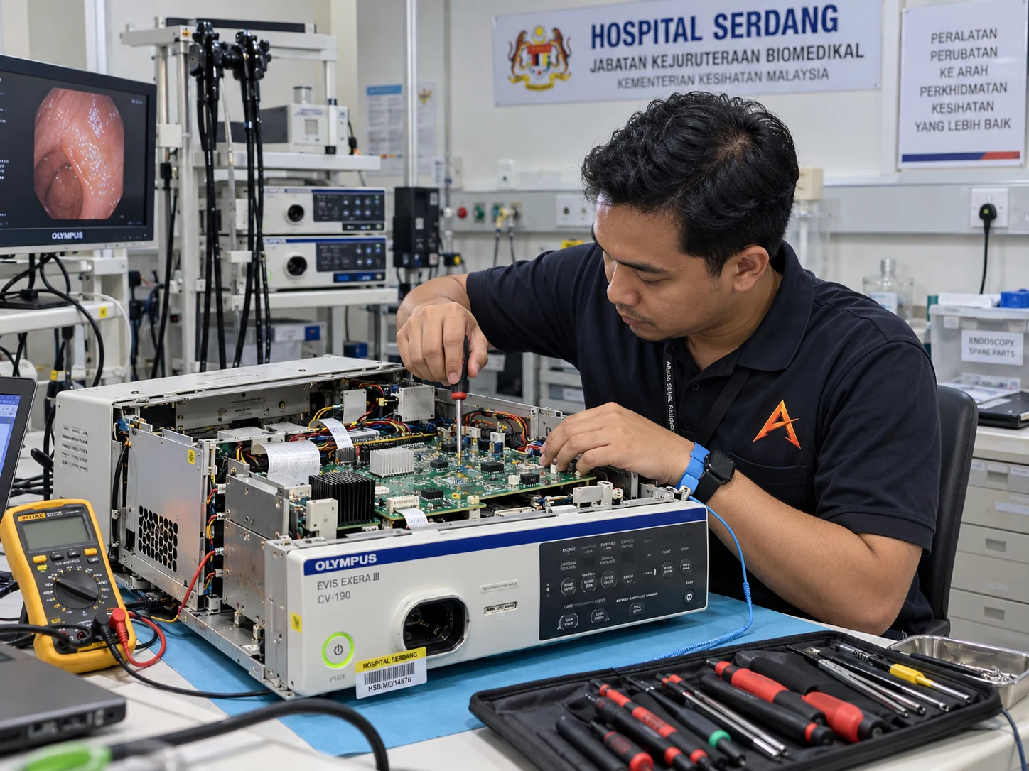Technician repairing an Olympus processor main board at Hospital Serdang